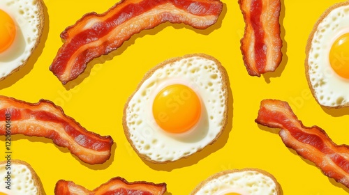 A pattern of eggs and strips of crispy bacon on a yellow background