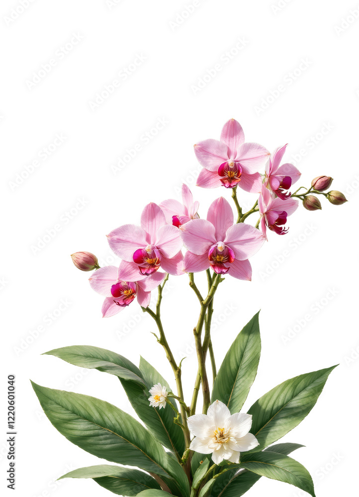 Obraz premium Pink orchid blooms and buds with white flower and green leaves on transparent background