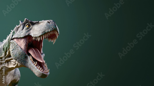 fierce dinosaur roaring with sharp teeth and detailed scales, showcasing its powerful presence photo