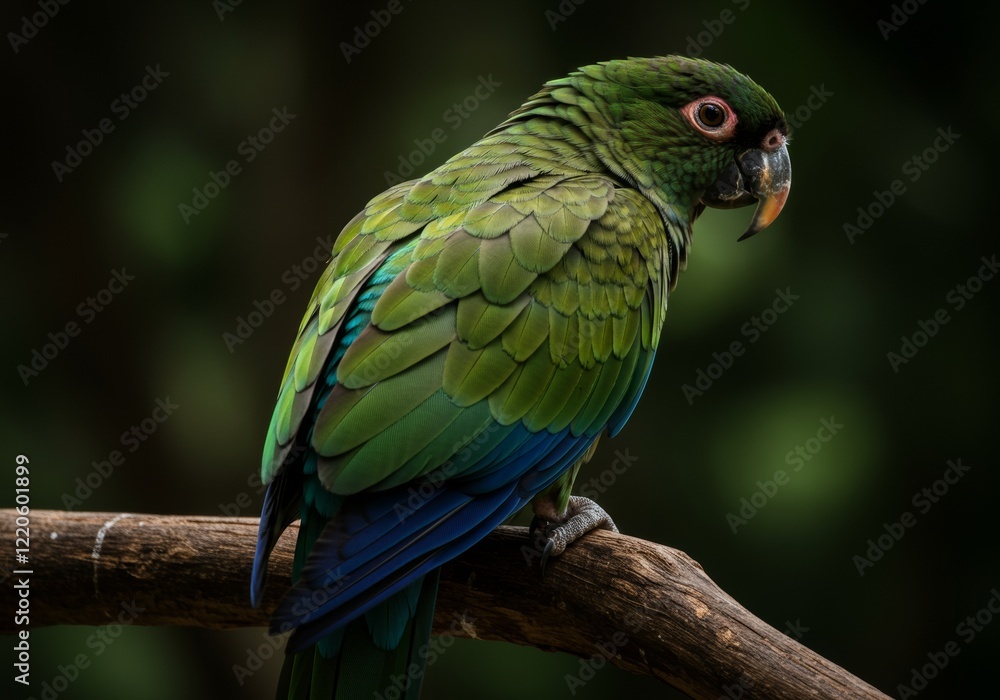 A beautiful parrot perched in a dark forest with sun backlight shining through the trees
A beautiful parrot perched in a dark forest with sun backlight shining through the trees