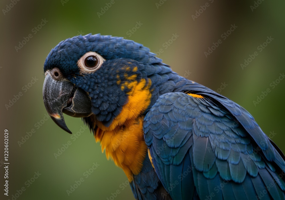 Fototapeta premium A beautiful parrot perched in a dark forest with sun backlight shining through the trees