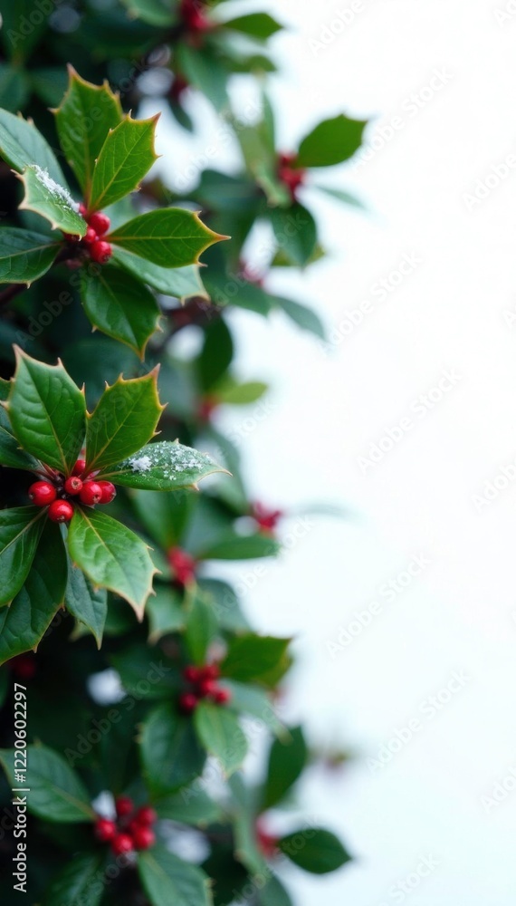 Foliage of bright green holly bush against snowy white background, greenery, holly Foliage of bright green holly bush against snowy white background, greenery, holly
