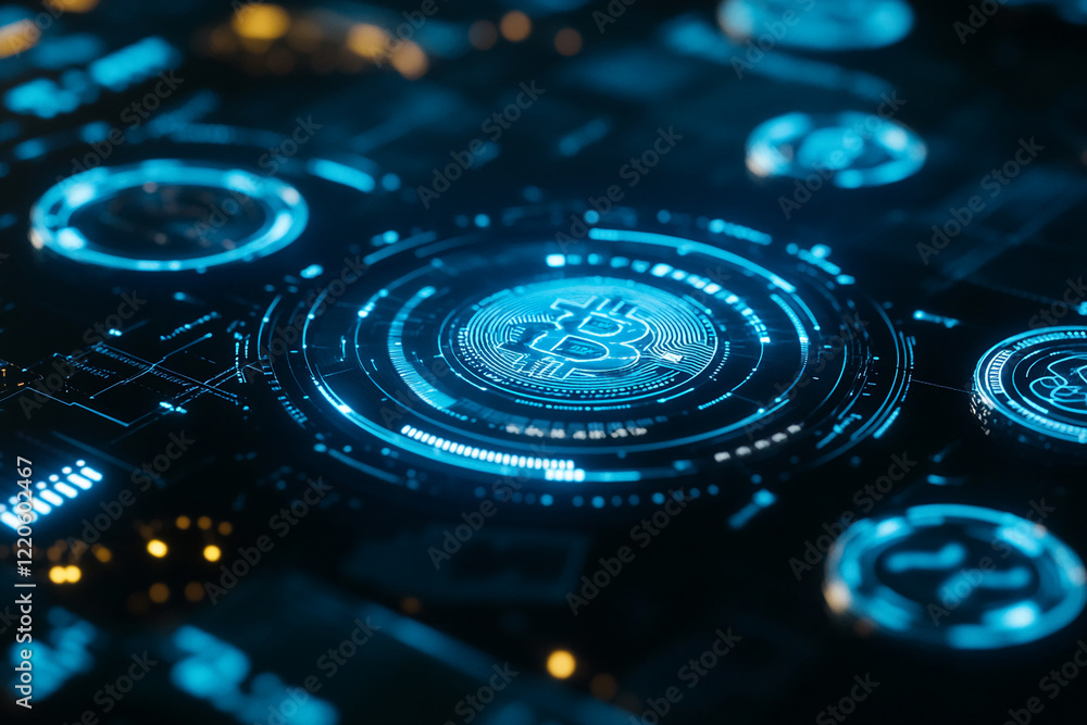 Futuristic cryptocurrency interface with glowing Bitcoin symbol and digital elements Futuristic cryptocurrency interface with glowing Bitcoin symbol and digital elements