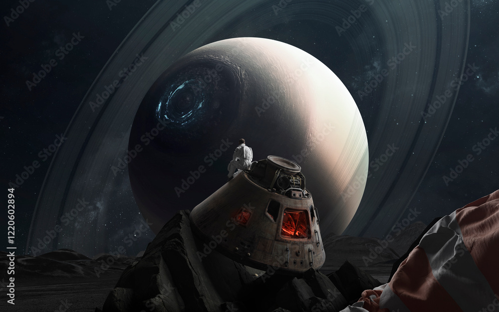 3D illustration of astronaut on another planet in space. High quality digital cosmic sci-fi art in 5K - realistic visualization