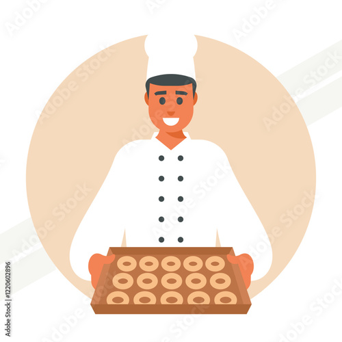 A baker holding a tray of pastry representing baking and culinary arts
