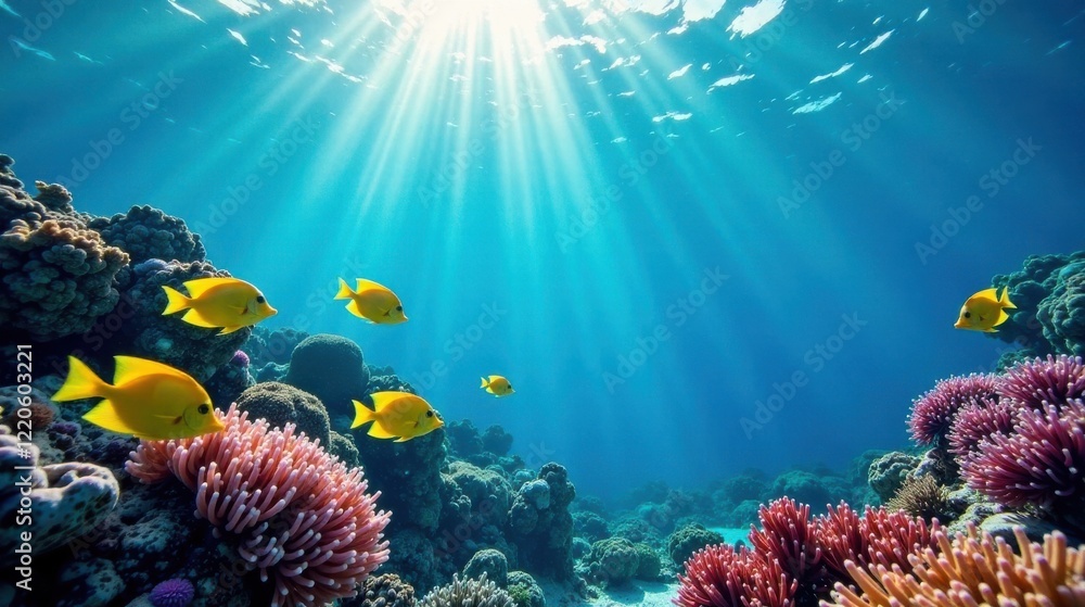 Naklejka premium Sunbeams Illuminate Vibrant Coral Reef and Yellow Fish Swimming in Tranquil Ocean
