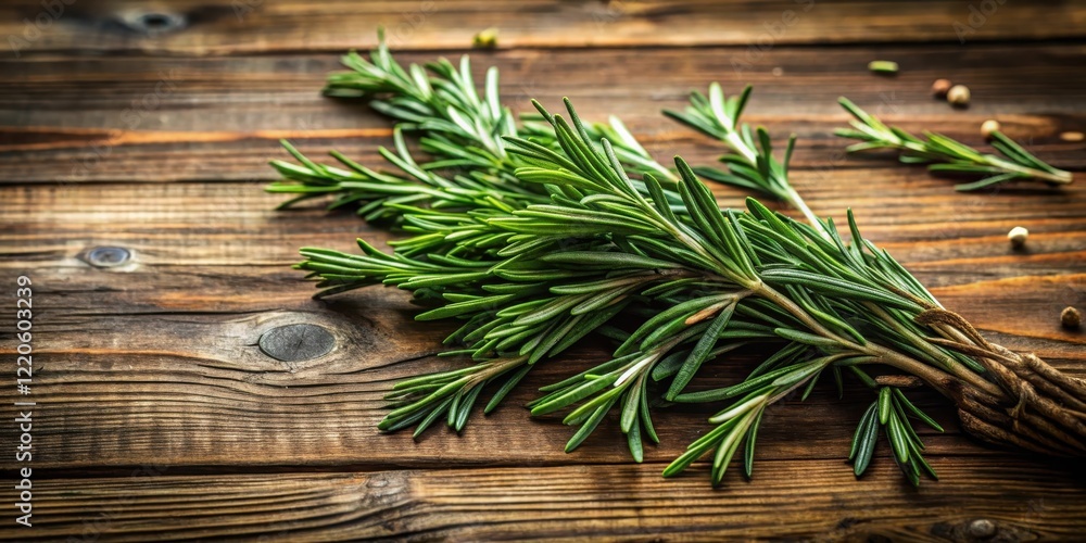 Freshly harvested rosemary leaves spread out on a rustic wooden table with natural light pouring in from above, surrounded by earthy tones and textured elements, rosemary herb, greenery Freshly harvested rosemary leaves spread out on a rustic wooden table with natural light pouring in from above, surrounded by earthy tones and textured elements, rosemary herb, greenery