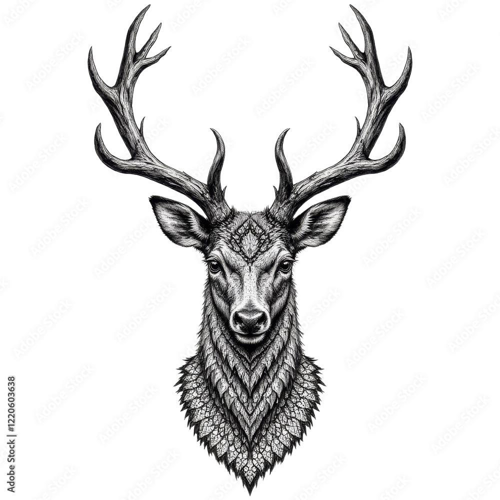 Naklejka premium Stag drawing with patterned fur and antlers transparent background