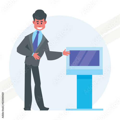 A bank employee standing at an ATM representing financial transactions and banking