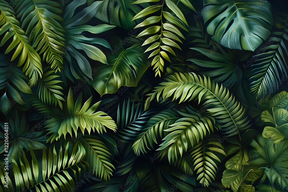 A hyper-realistic close-up of overlapping tropical leaves with deep green hues and detailed vein patterns. The leaves are lush and glossy, creating a rich and vibrant composition. A hyper-realistic close-up of overlapping tropical leaves with deep green hues and detailed vein patterns. The leaves are lush and glossy, creating a rich and vibrant composition.