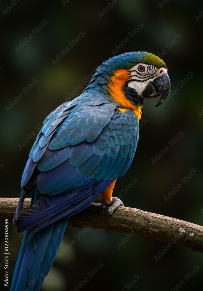 A beautiful parrot perched in a dark forest with sun backlight shining through the trees
A beautiful parrot perched in a dark forest with sun backlight shining through the trees