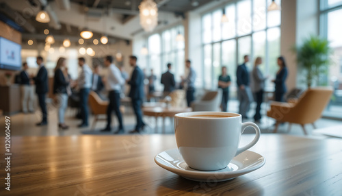 Coffee cup on table in bright modern lounge area with professionals networking