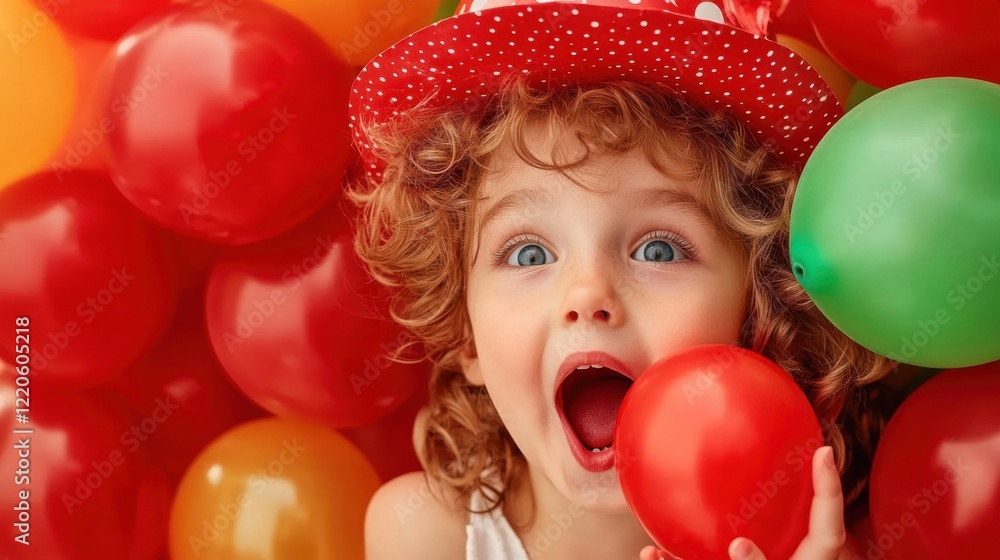 Joyful Child in Party Hat Surrounded by Colorful Balloons and Smiling Brightly Joyful Child in Party Hat Surrounded by Colorful Balloons and Smiling Brightly