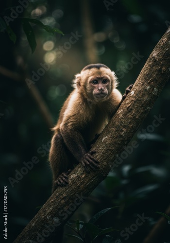 A realistic portrait photograph of a cute monkey on a tree, featuring a dark forest background with back daylight

 photo