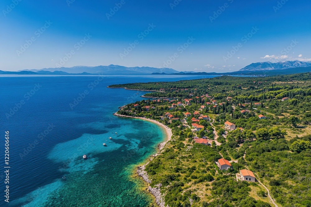 Adriatic Coastline Aerial View Island Village, Turquoise Waters, Mountain Background, Travel Brochure Adriatic Coastline Aerial View Island Village, Turquoise Waters, Mountain Background, Travel Brochure