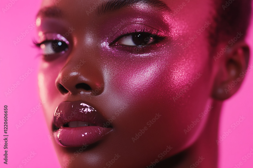 Model showcases vibrant makeup with glossy lips and radiant skin in a colorful studio environment Model showcases vibrant makeup with glossy lips and radiant skin in a colorful studio environment