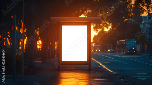Mock up of a blank white bus stop branding space in Auckland at 5 o'clock in the evening during golden hour