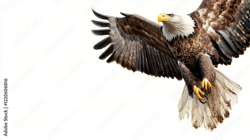 Majestic bald eagle soars gracefully through blue sky with powerful wings spread wide, displaying magnificent white head feathers and hooked beak in dramatic flight against natural backdrop Majestic bald eagle soars gracefully through blue sky with powerful wings spread wide, displaying magnificent white head feathers and hooked beak in dramatic flight against natural backdrop