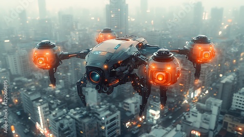 Futuristic Drone Soaring Above Cityscape photo