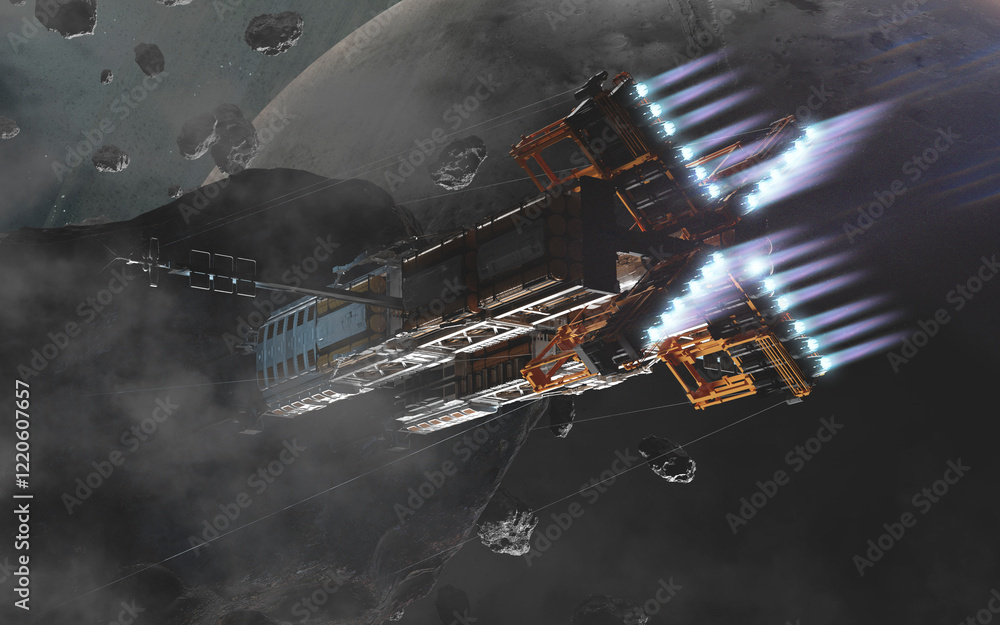 3D illustration of futuristic industrial spaceship in deep space. High quality render, digital cosmic sci-fi art in 5K - realistic visualization