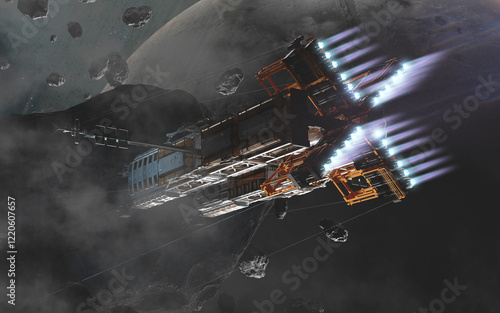 Obraz na płótnie 3D illustration of futuristic industrial spaceship in deep space. High quality render, digital cosmic sci-fi art in 5K - realistic visualization w salonie