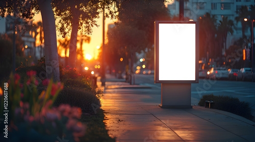 Mock up of a blank white bus stop branding space in Los Angeles at 5 o'clock in the evening during golden hour