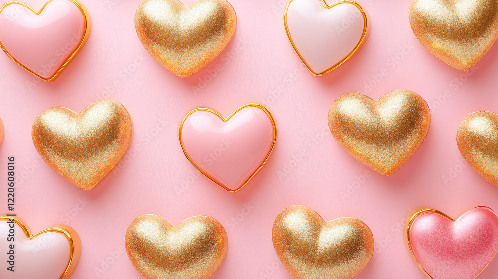 Obraz premium Valentines day pattern background with gold and pink hearts on a pink background. Love symbol.