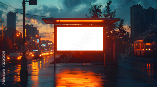 Mock up of a blank white bus stop branding space in Moscow at 5 o'clock in the evening during golden hour
