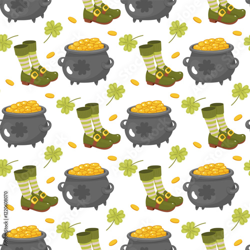 St. Patricks Day, seamless pattern, clover, pot of gold, clogs