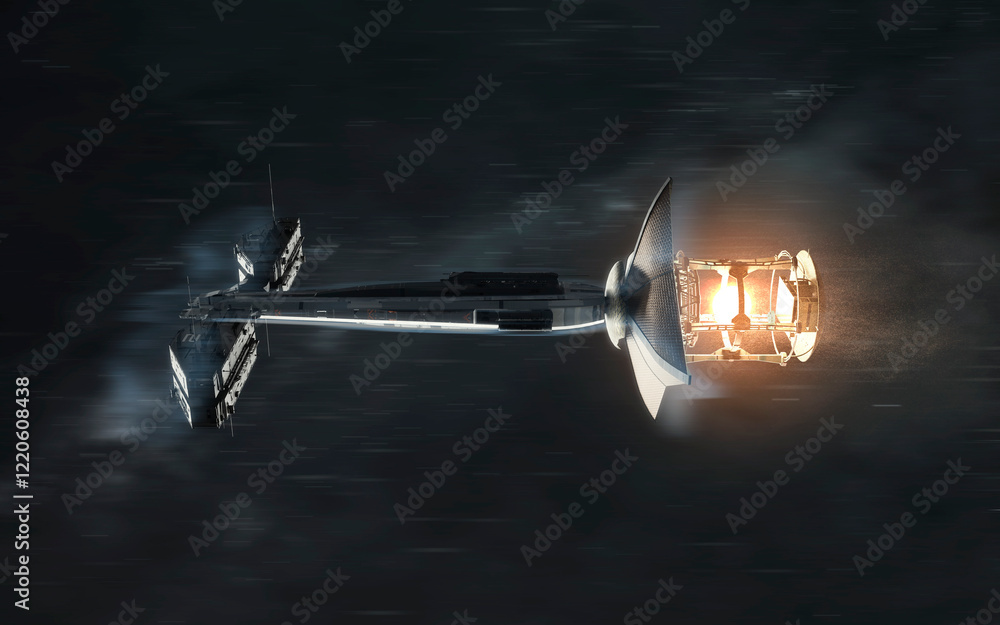 3D illustration of futuristic spaceship in deep space. High quality render, digital cosmic sci-fi art in 5K - realistic visualization