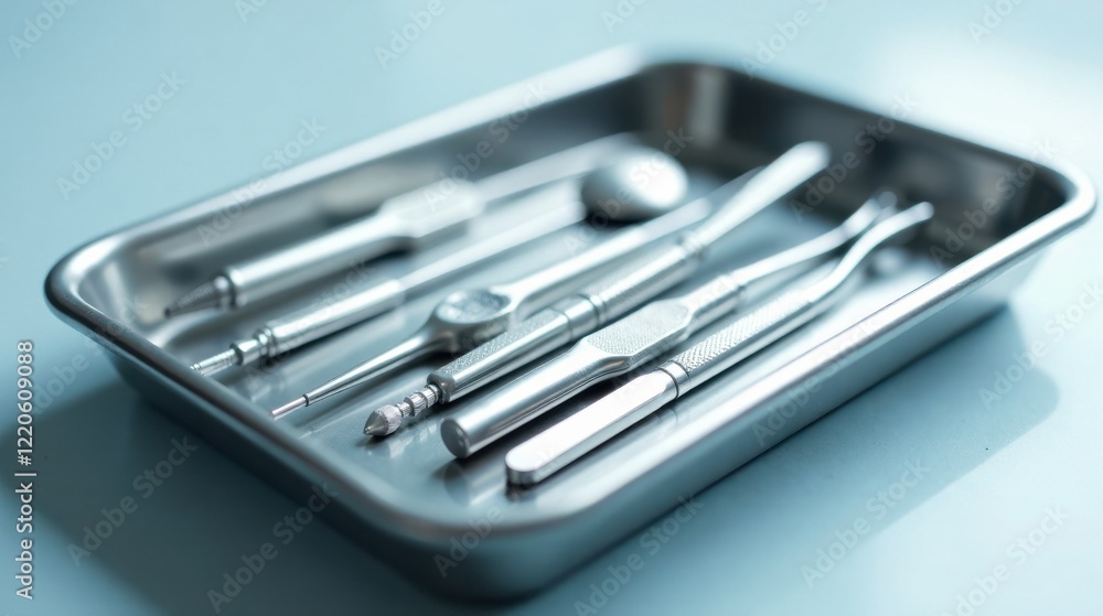 A sterile metal tray containing an array of gleaming dental instruments, meticulously arranged for a precise and professional procedure. A sterile metal tray containing an array of gleaming dental instruments, meticulously arranged for a precise and professional procedure.