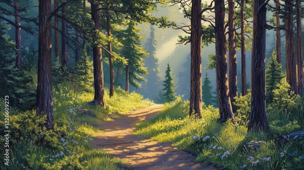 Obraz premium Sunlit Path Through A Lush Green Forest