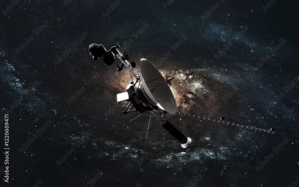 3D illustration of Voyager spacecraft in deep space. High quality digital cosmic sci-fi art in 5K - realistic visualization