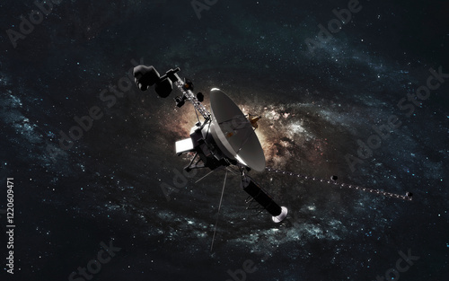 Obraz na płótnie 3D illustration of Voyager spacecraft in deep space. High quality digital cosmic sci-fi art in 5K - realistic visualization w salonie