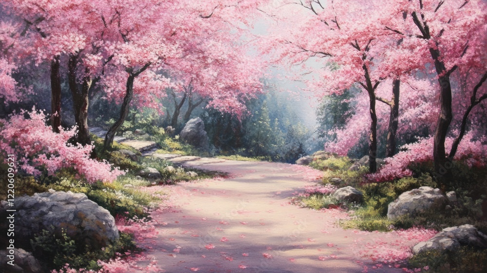 Cherry blossoms in full bloom along a tranquil garden path Cherry blossoms in full bloom along a tranquil garden path