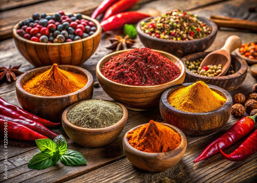 Fototapeta premium Assorted Spices in Rustic Wooden Bowls on Wooden Table - Aromatic Herbs and Seasonings