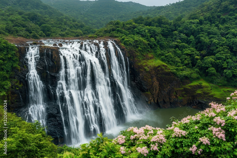Lush Waterfall cascading into pool, green hills backdrop, travel poster Lush Waterfall cascading into pool, green hills backdrop, travel poster