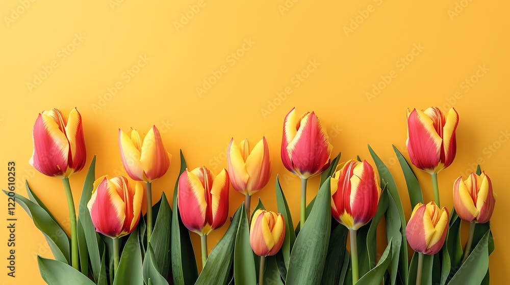 Red and yellow tulips against a yellow background. Red and yellow tulips against a yellow background.