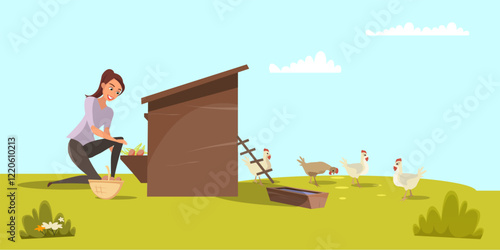 Chickens on green field and young woman collecting eggs. Hen farm landscape. Flat vector illustration. Country girl with basket in poultry-yard. Organic eggs, meat production, eco products concepts.