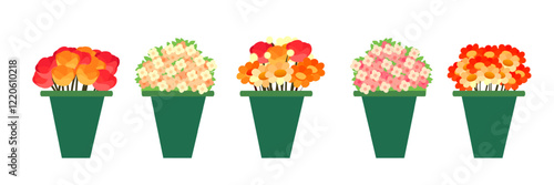 Five distinct flower pots filled with a variety of colorful flowers are neatly arranged in a row. Each pot displays different floral combinations and vibrant hues, enhancing the garden's appeal.