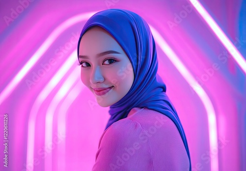 A pretty hijabi girl wearing an elegant pastel pink and lavender-colored outfit with visible shoulders, posing in front of a purple light illuminating her face