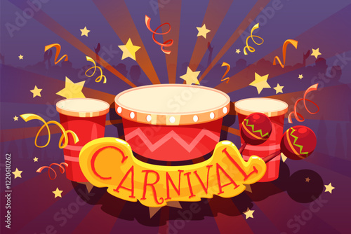 Brazil carnival poster. Brazilian festive party banner with confetti, stage in shape of drums for samba dancing and maracas. Summer colorful cartoon vector illustration.