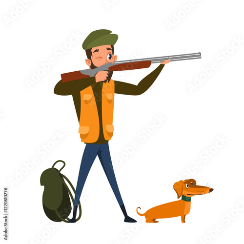 Hunting with gun dog flat illustration. Young hunter preparing to shoot cartoon character. Man aiming, holding rifle. Nature recreation, outdoor hobby, leisure.