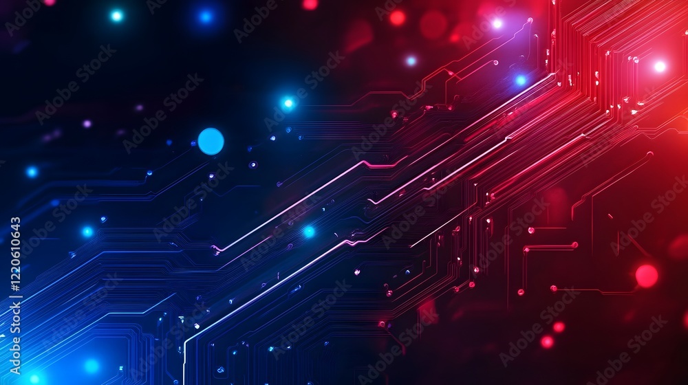 Fototapeta premium A computer screen with a red and blue background and a lot of lights. The lights are scattered all over the screen and some are in the foreground and some are in the background