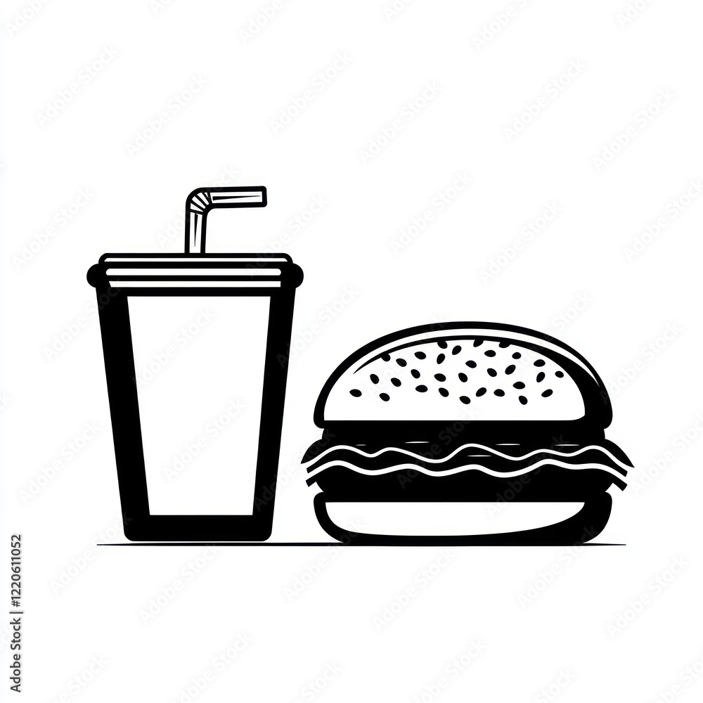 Black and white burger and drink illustration for food menus and web design Black and white burger and drink illustration for food menus and web design