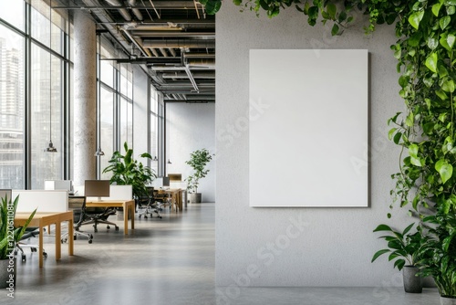 A mockup of an empty, blank white canvas in portrait orientation, hung on the wall inside a modern office space with wooden furniture and green plants.