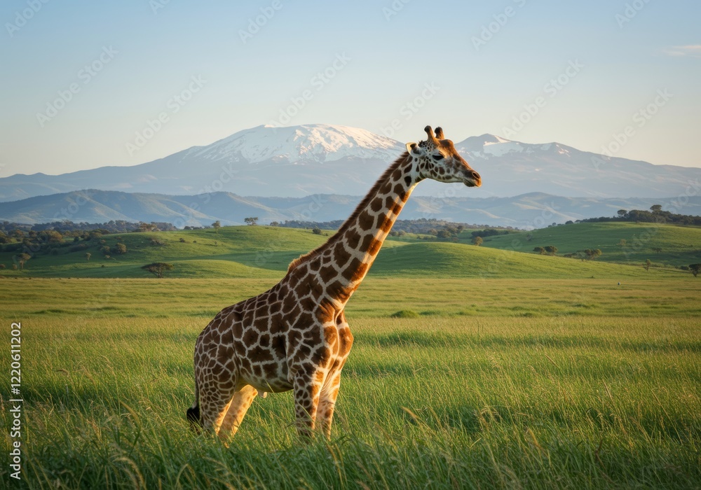 Obraz premium A realistic photograph of a giraffe in a field with tall grass, featuring a sky background