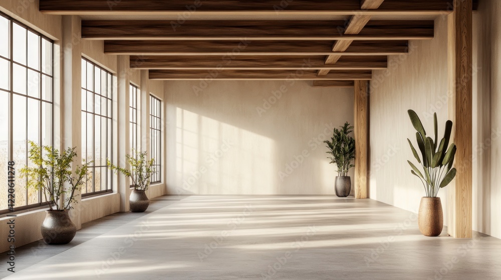 Obraz premium A modern yoga studio with large windows, wooden beams on the ceiling, and plants in vases standing along one wall. The room is decorated in beige tones and has concrete flooring. 