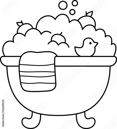 Vector black and white bathtub icon filled with water, foam, with floating tangerines, duck, towel. Cute line bubbling bath illustration isolated on white background. Funny tub clipart, coloring page