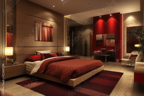 A modern Contemporary interior design style bedroom featuring a large bed with red and white bedding, wooden walls, and stylish decor. The room has warm lighting, a desk area, and a cozy rug.